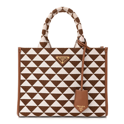 Prada Jacquard Saffiano Triangolo Symbole Embroidered Small Tote Tobacco Talco 1 of 12