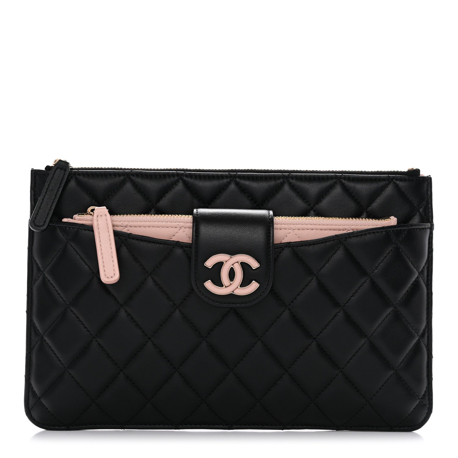 Chanel Lambskin Quilted Sunset Boulevard Pouch Case Black Pink 1 of 8