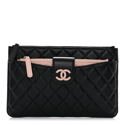 Chanel Lambskin Quilted Sunset Boulevard Pouch Case Black Pink 1 of 8