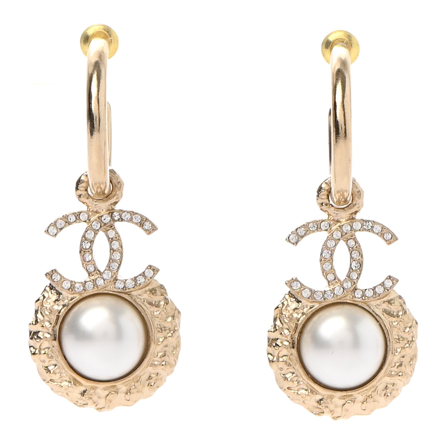 Metal Crystal Pearl Textured CC Hoop Drop Earrings Gold White