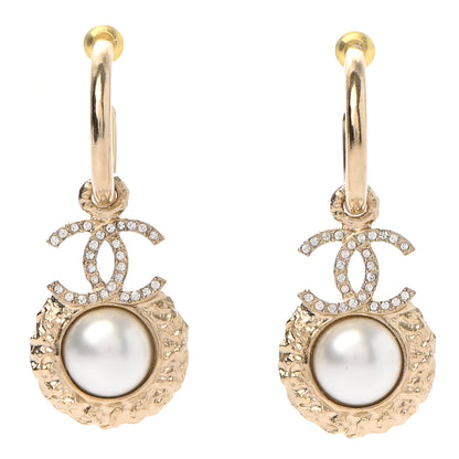 Chanel Metal Crystal Pearl Textured CC Hoop Drop Earrings Gold White 1 of 4