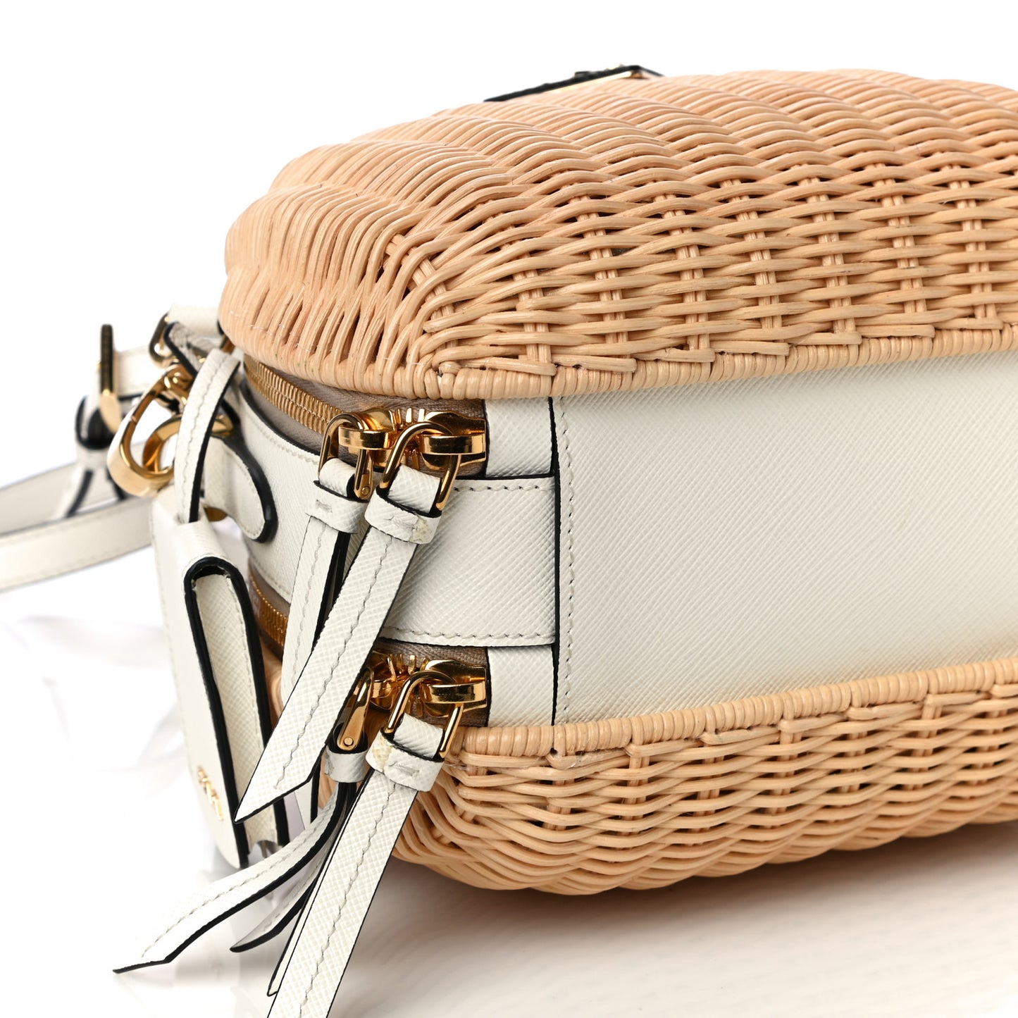 Wicker Saffiano Midolino Odette Top Handle Bag Tan White