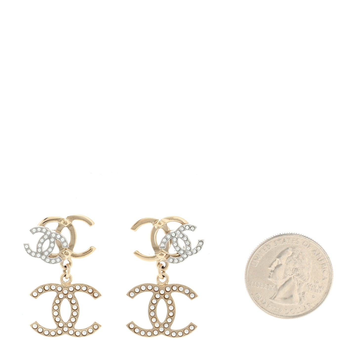 Crystal Pearl Double CC Drop Earrings Gold Silver