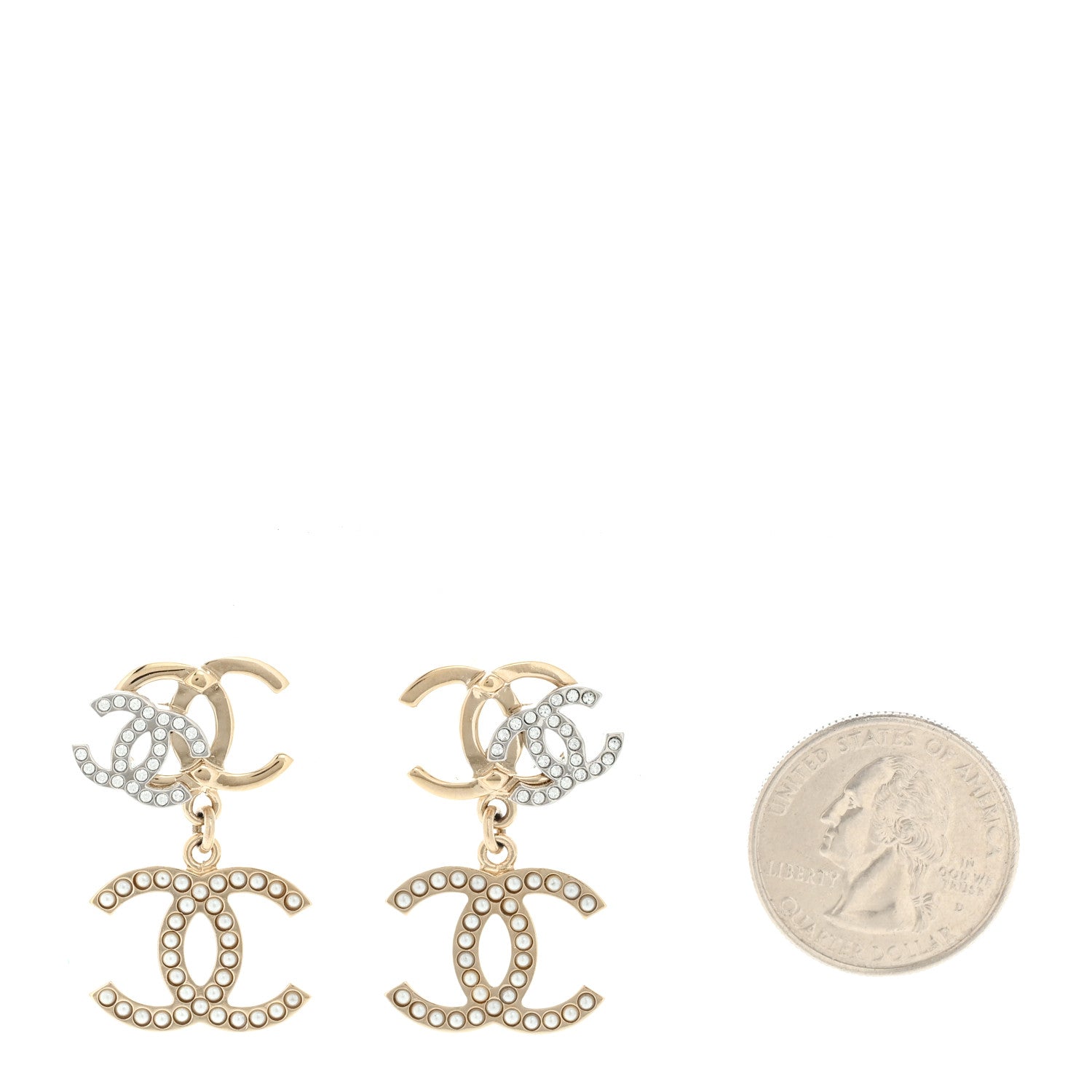 Chanel Crystal Pearl Double CC Drop Earrings Gold Silver 2 of 5