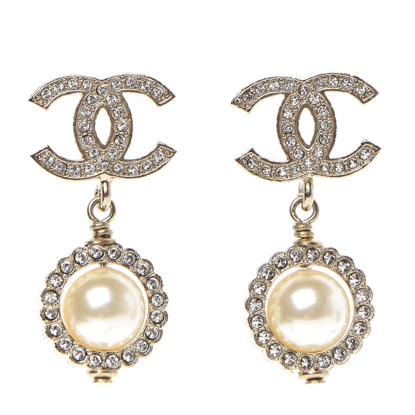 Crystal Pearl CC Drop Earrings Gold