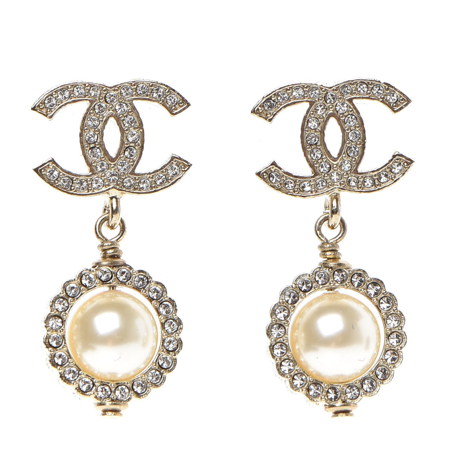 Chanel Crystal Pearl CC Drop Earrings Gold 1 of 5