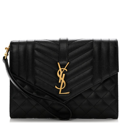 Saint Laurent Grain De Poudre Textured Mixed Matelasse Triquilt Monogram Clutch Black 1 of 12