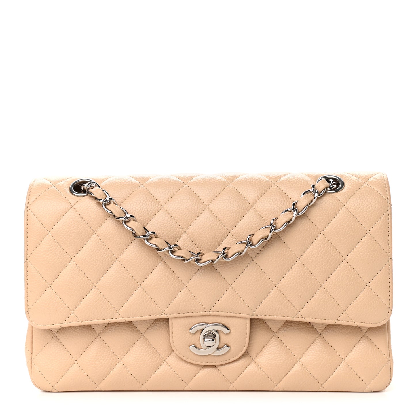 Caviar Quilted Medium Double Flap Beige