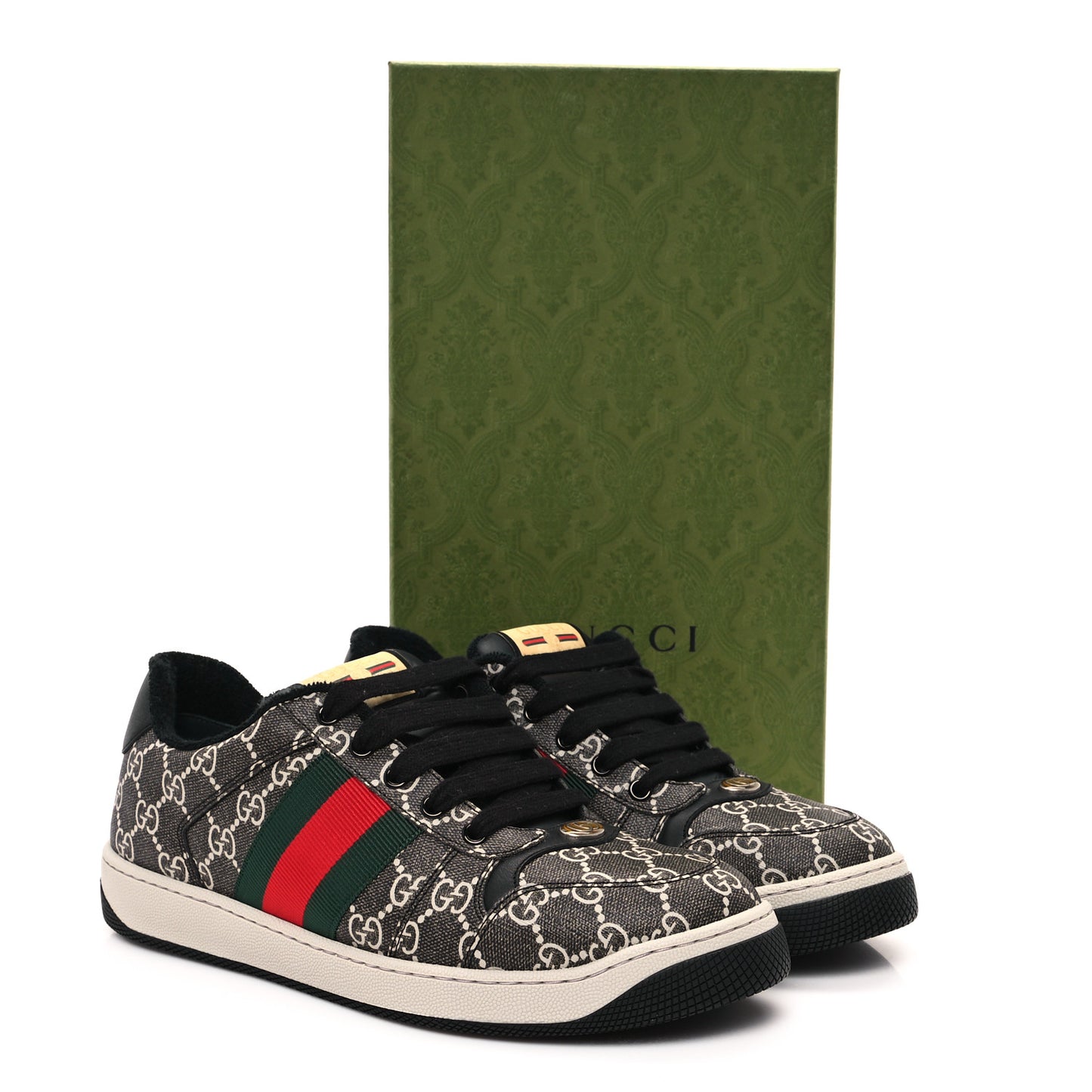 GG Supereme Monogram Miro Soft Calfskin Web Mens Screener Sneakers 8.5 Black Grey Sky