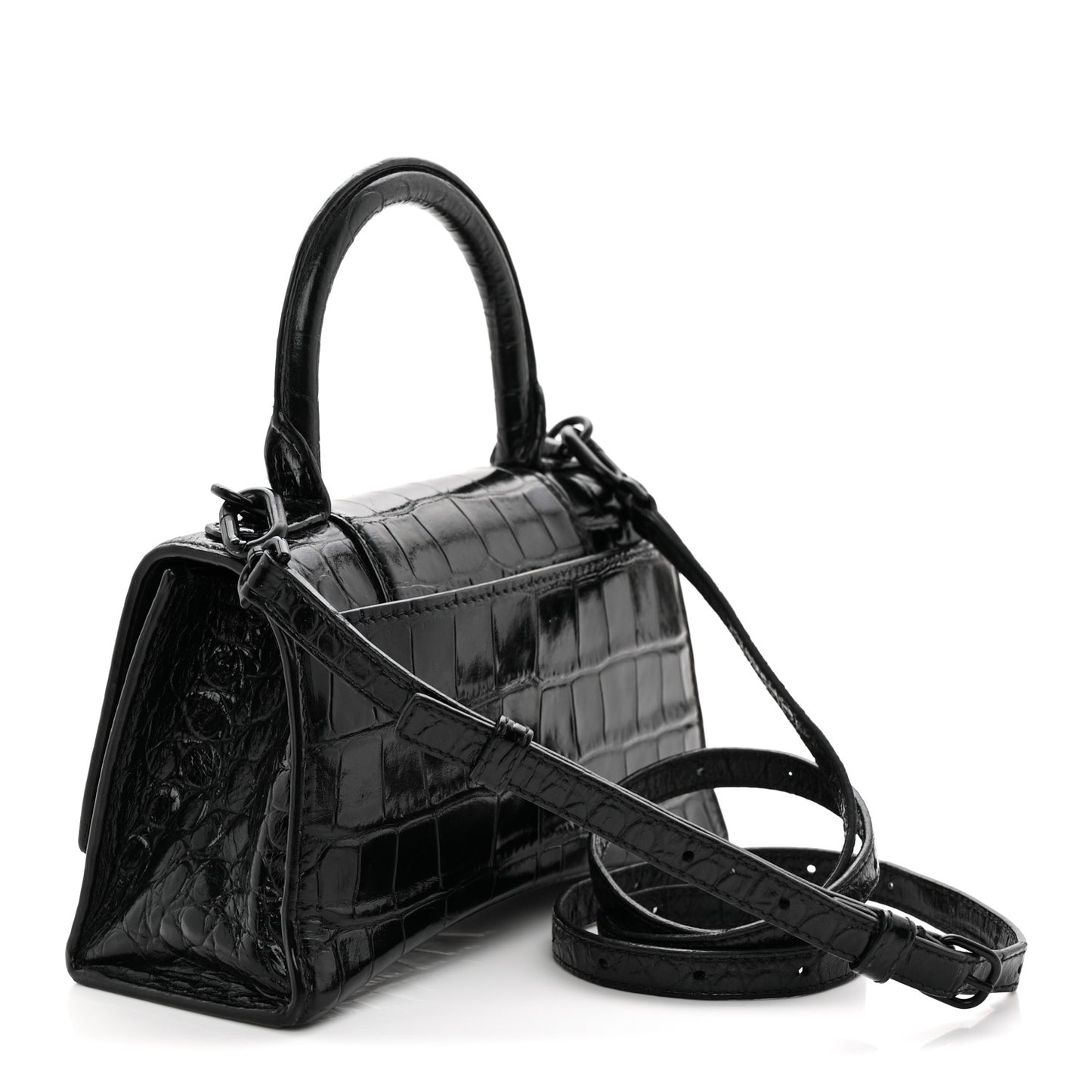 Shiny Calfskin Monochrome Crocodile Embossed Hourglass Top Handle Bag XS Black