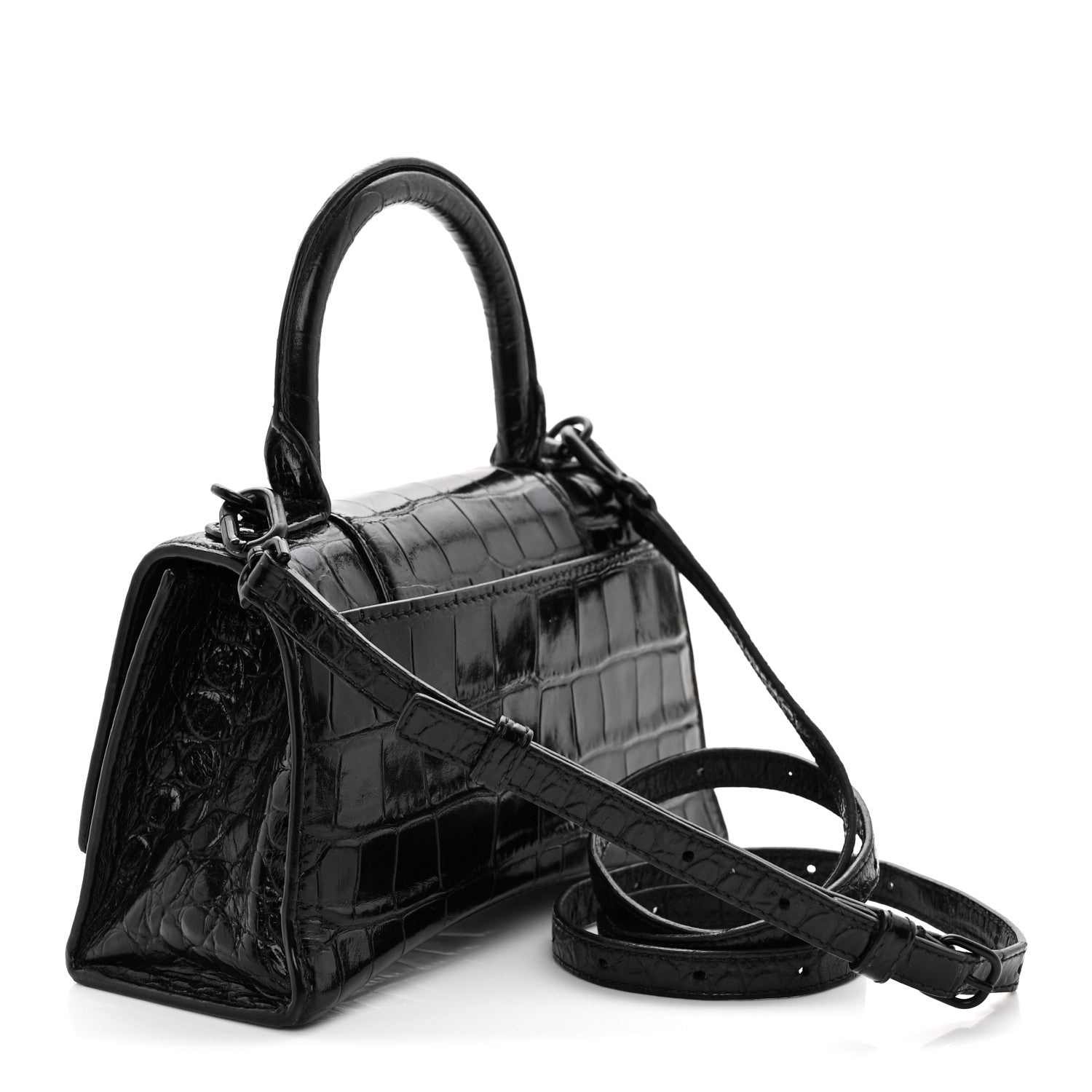 Balenciaga Shiny Calfskin Monochrome Crocodile Embossed Hourglass Top Handle Bag XS Black 3 of 17