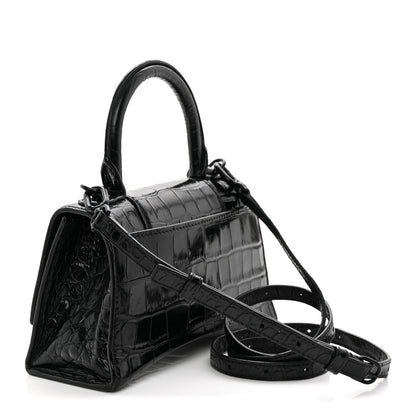 Balenciaga Shiny Calfskin Monochrome Crocodile Embossed Hourglass Top Handle Bag XS Black 3 of 17
