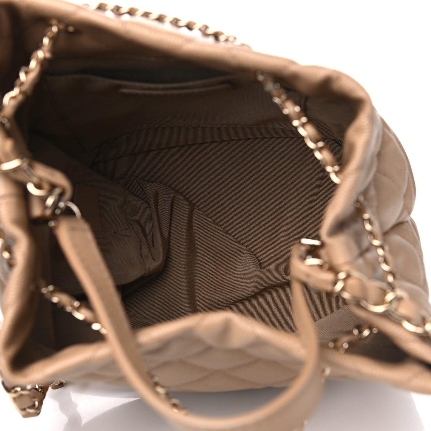 Caviar Quilted Rolled Up Bucket Drawstring Bag Beige