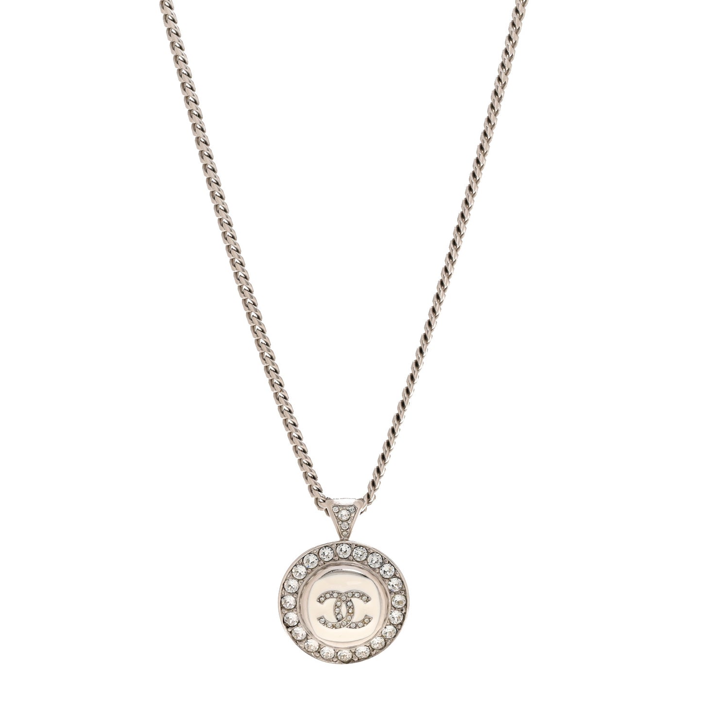 Crystal Enamel CC Pendant Necklace Silver White