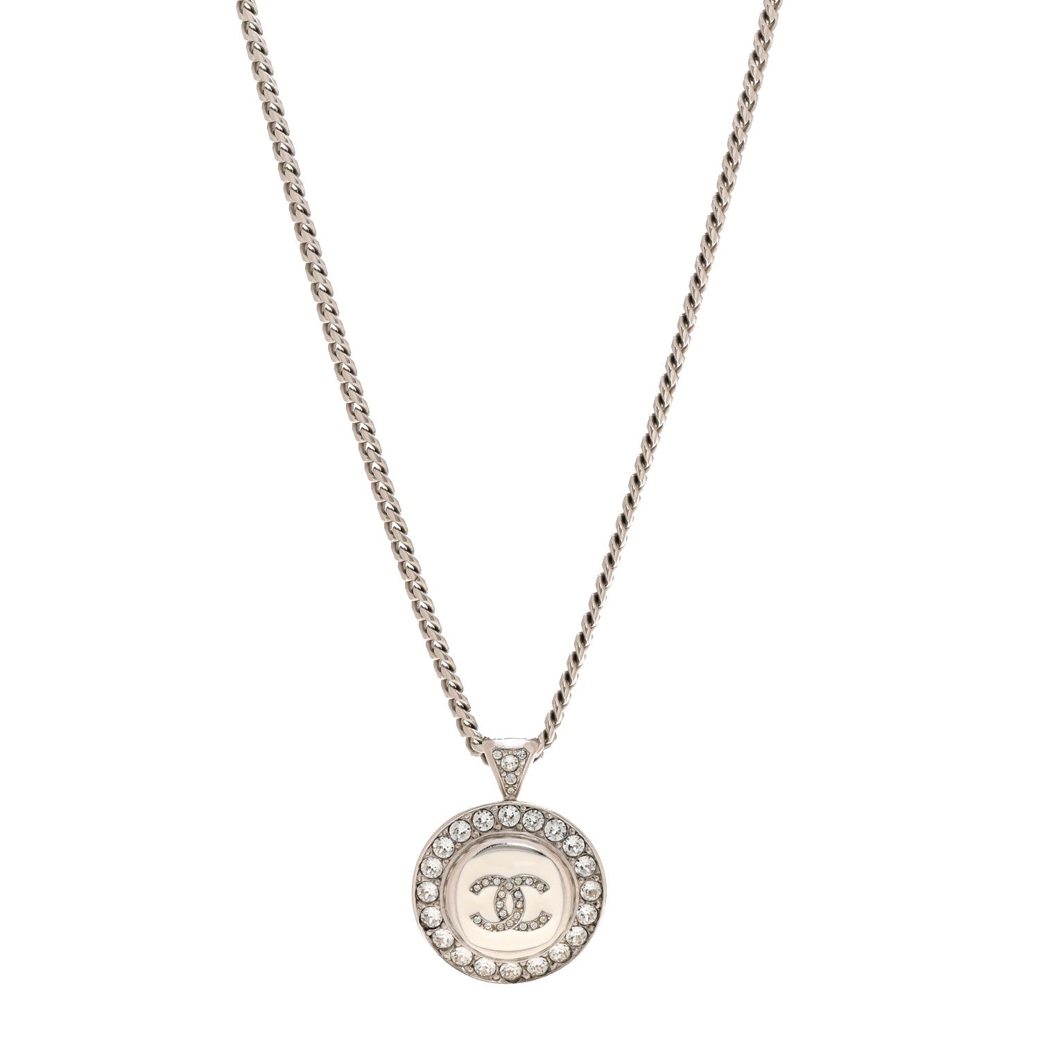 Chanel Crystal Enamel CC Pendant Necklace Silver White 1 of 6