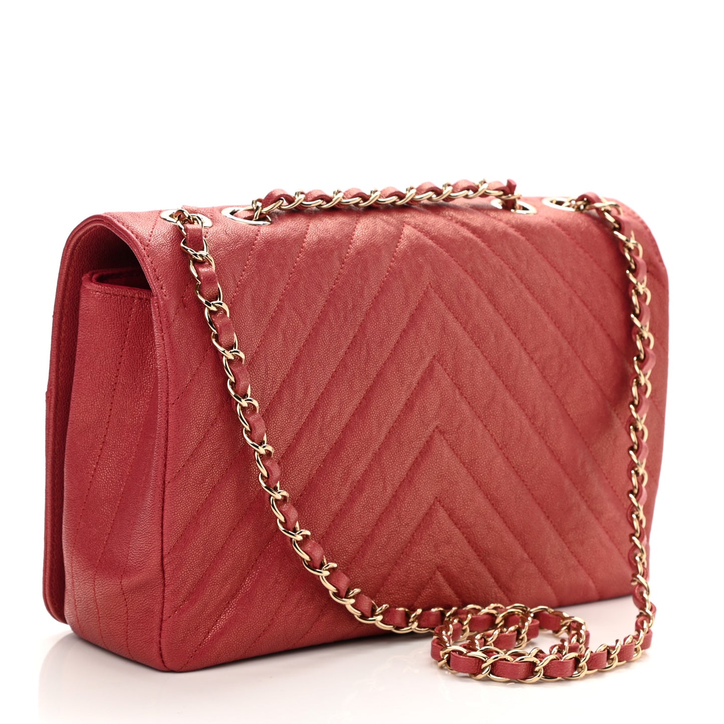 Metallic Caviar Chevron Quilted Medium Statement Flap Dark Pink