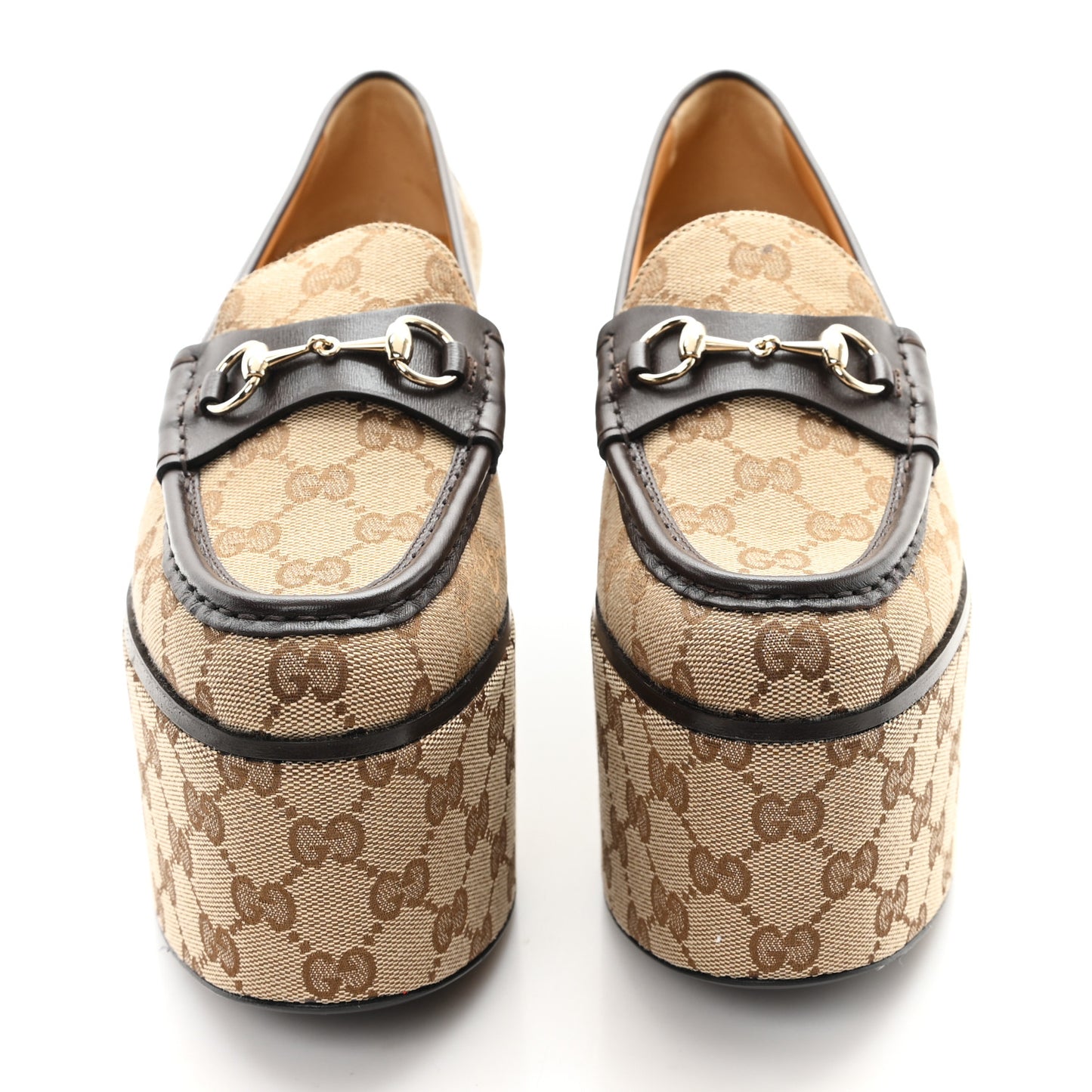 Canvas GG Monogram Horsebit Calfskin Womens Horsebit Platform Loafers 39 Beige Ebony