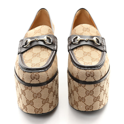 Gucci Canvas GG Monogram Horsebit Calfskin Womens Horsebit Platform Loafers 39 Beige Ebony 3 of 9