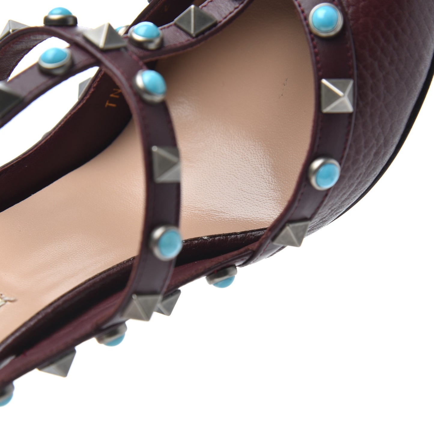 Pebbled Calfskin Turquoise Rockstud Rolling Ankle Strap 100mm Pumps 38 Rubin