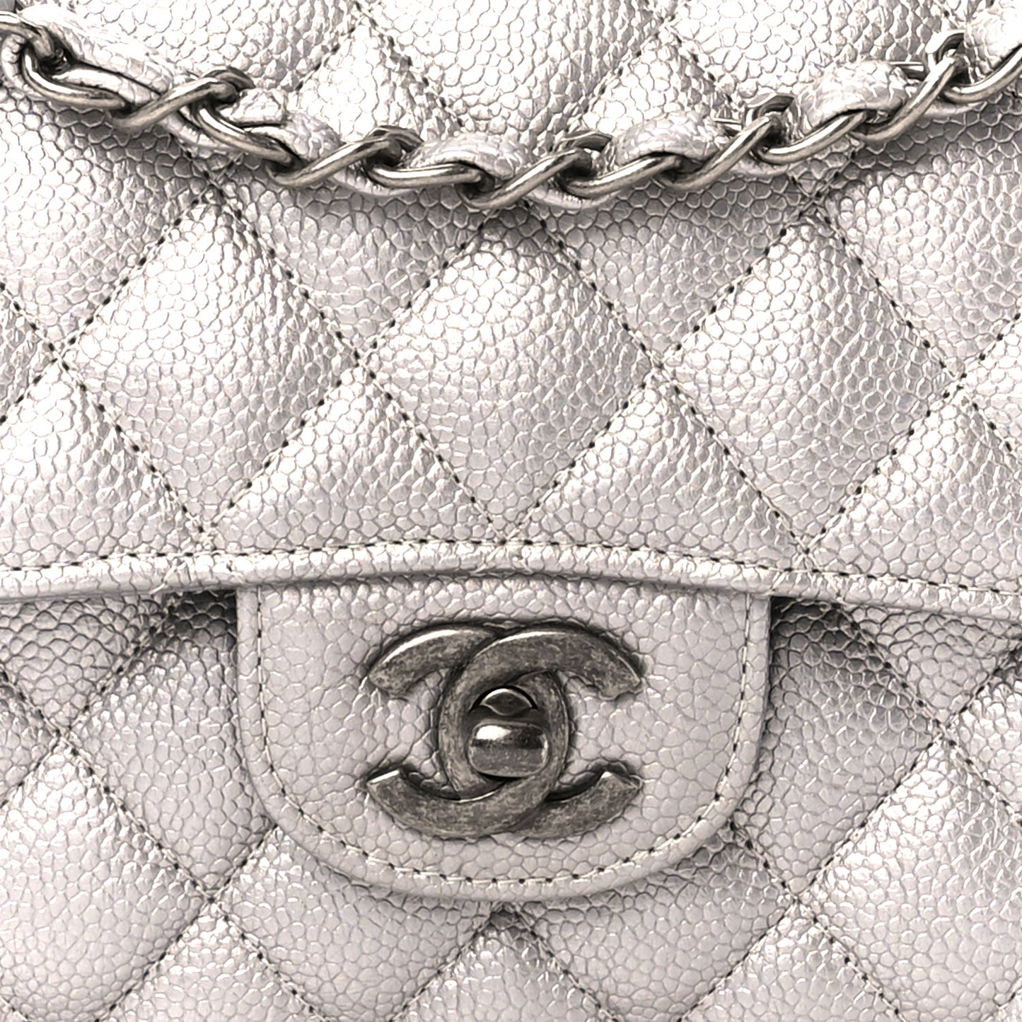 Metallic Caviar Quilted Medium Double Flap Silver