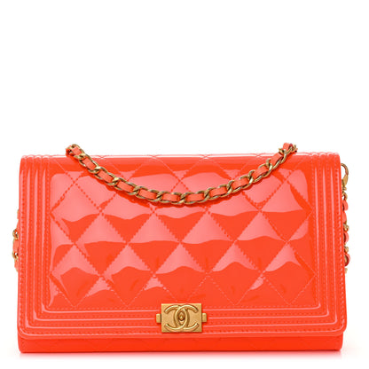Chanel Patent Calfskin Quilted Boy Wallet on Removable Chain Orange 1 of 12