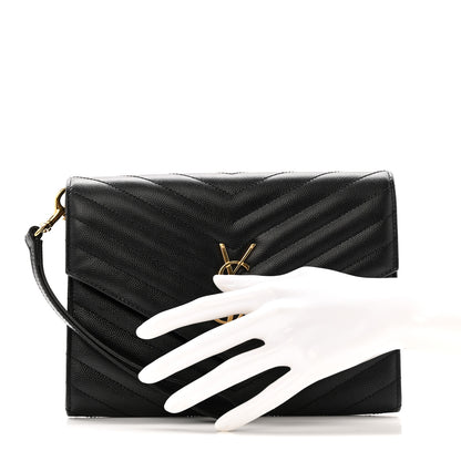 Saint Laurent Grain De Poudre Matelasse Chevron Monogram Envelope Clutch Black 2 of 10