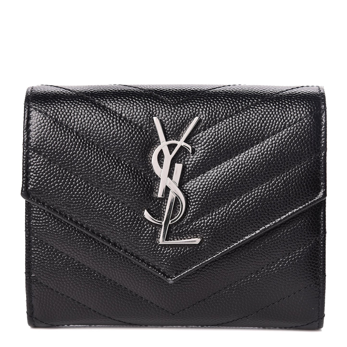 Grain De Poudre Matelasse Chevron Monogram Compact Tri Fold Wallet Black