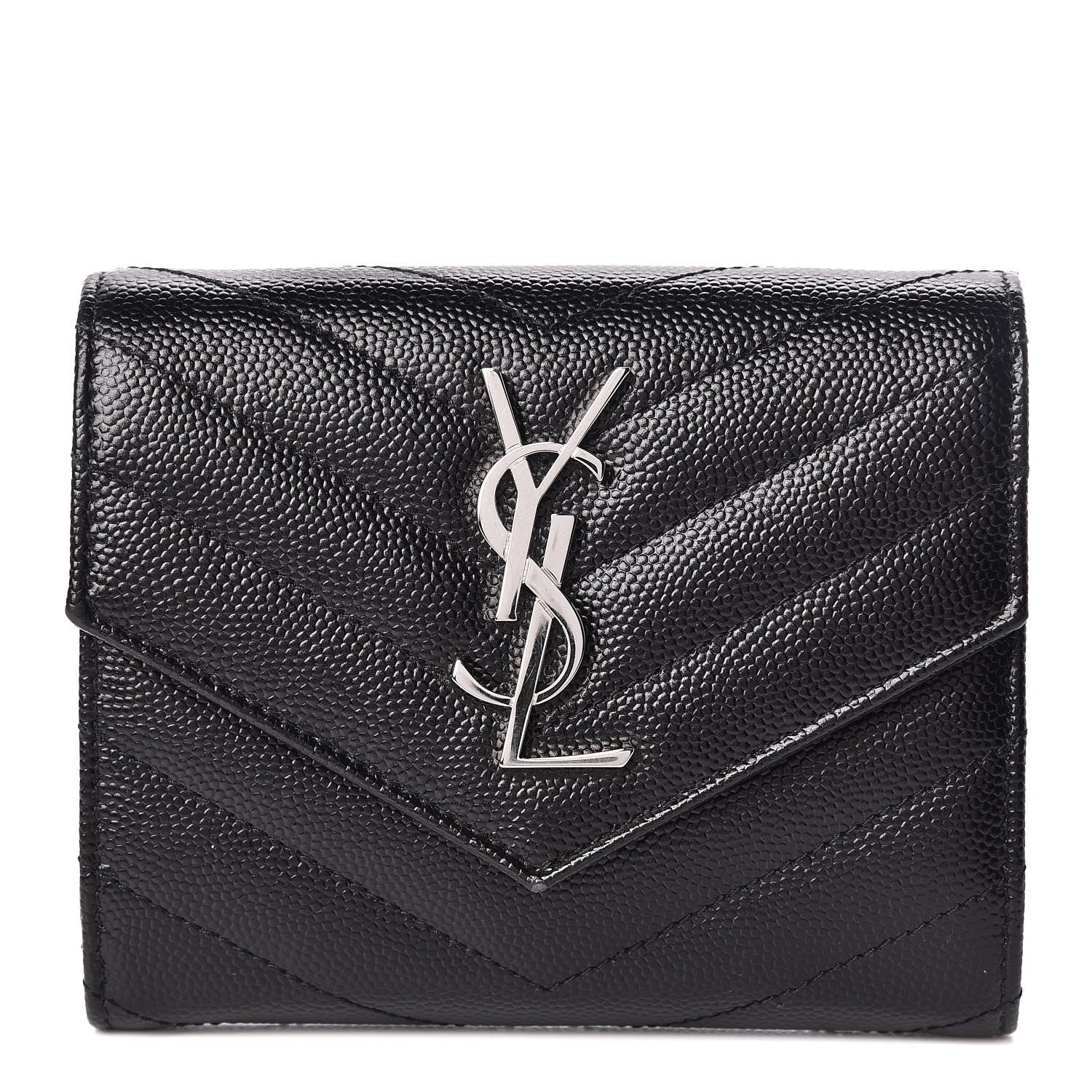 Saint Laurent Grain De Poudre Matelasse Chevron Monogram Compact Tri Fold Wallet Black 1 of 8