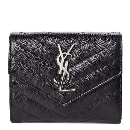 Saint Laurent Grain De Poudre Matelasse Chevron Monogram Compact Tri Fold Wallet Black 1 of 8