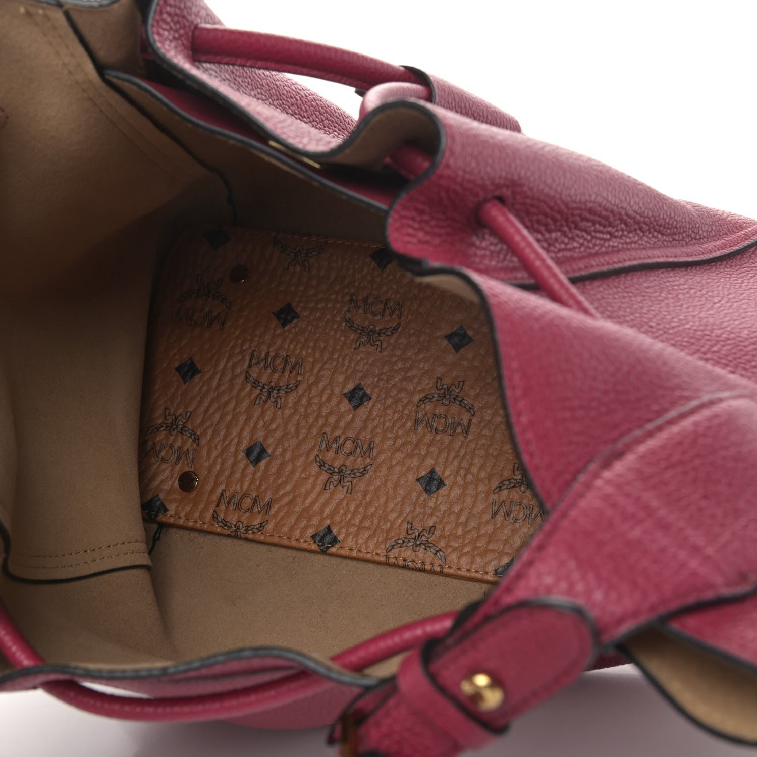 MCM Grained Calfskin Milla Drawstring Bucket Bag Fuchsia 4 of 4