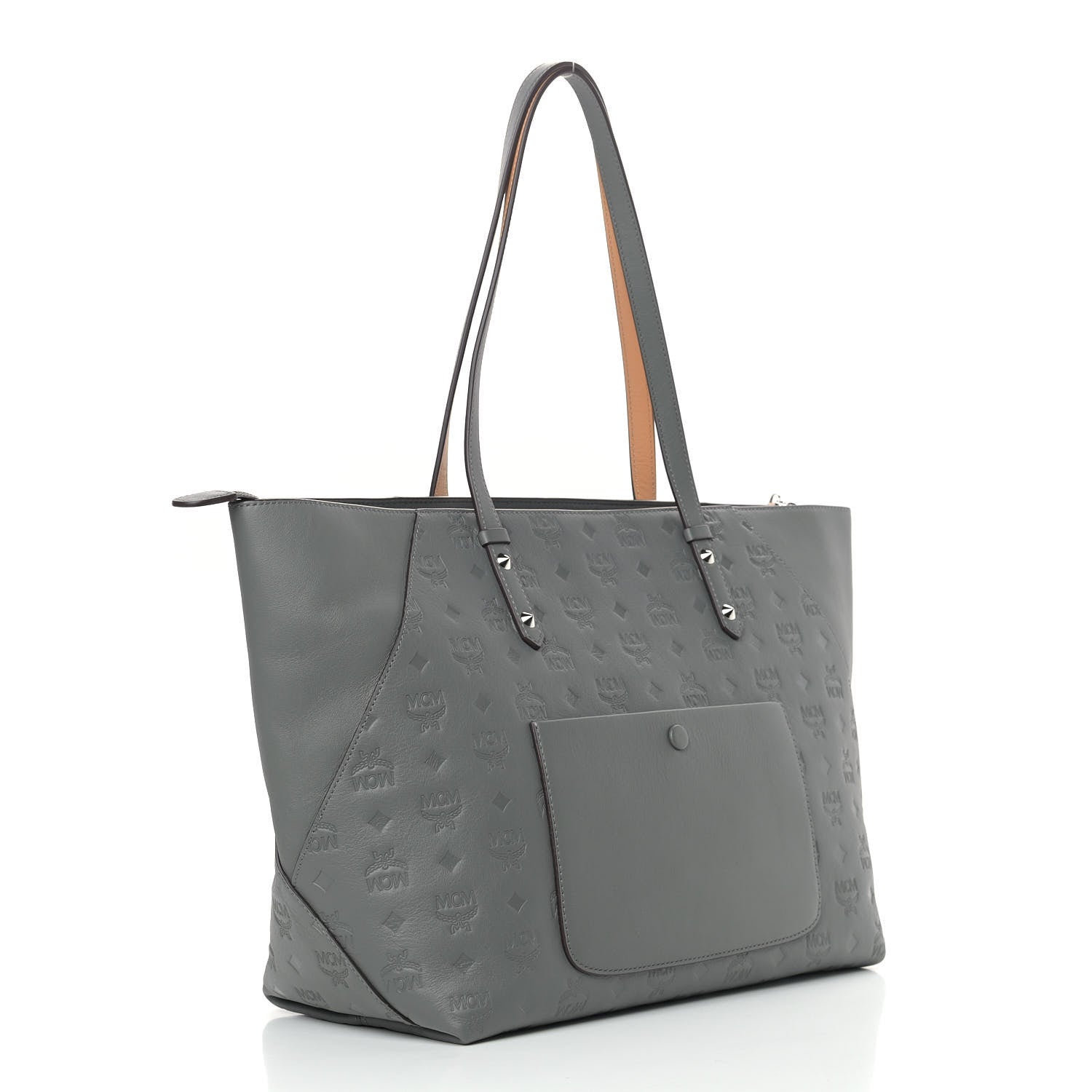 MCM Calfskin Ottomar Monogram Medium Klara Top Zip Tote Charcoal 3 of 9
