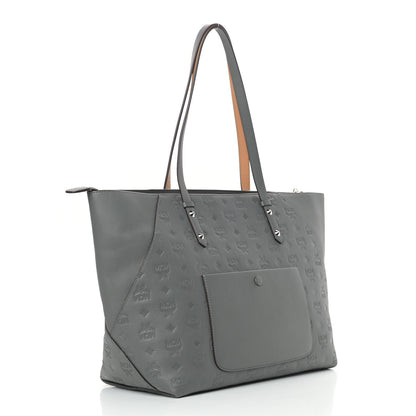 MCM Calfskin Ottomar Monogram Medium Klara Top Zip Tote Charcoal 3 of 9