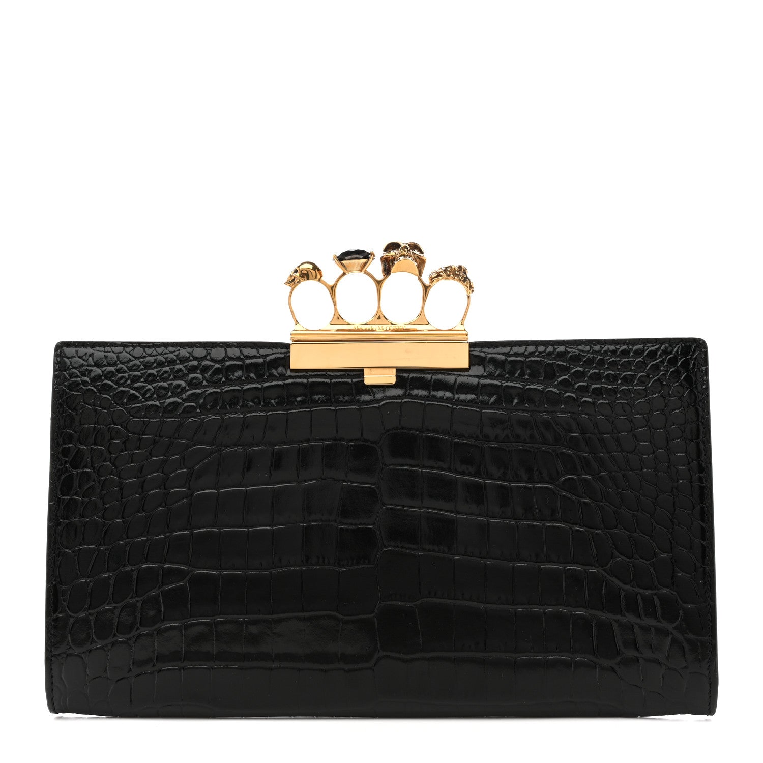 Alexander McQueen Calfskin Crocodile Embossed Knuckle Flat Clutch Black Gold 1 of 8