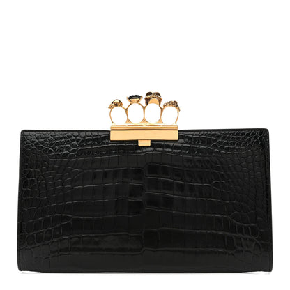 Alexander McQueen Calfskin Crocodile Embossed Knuckle Flat Clutch Black Gold 1 of 8
