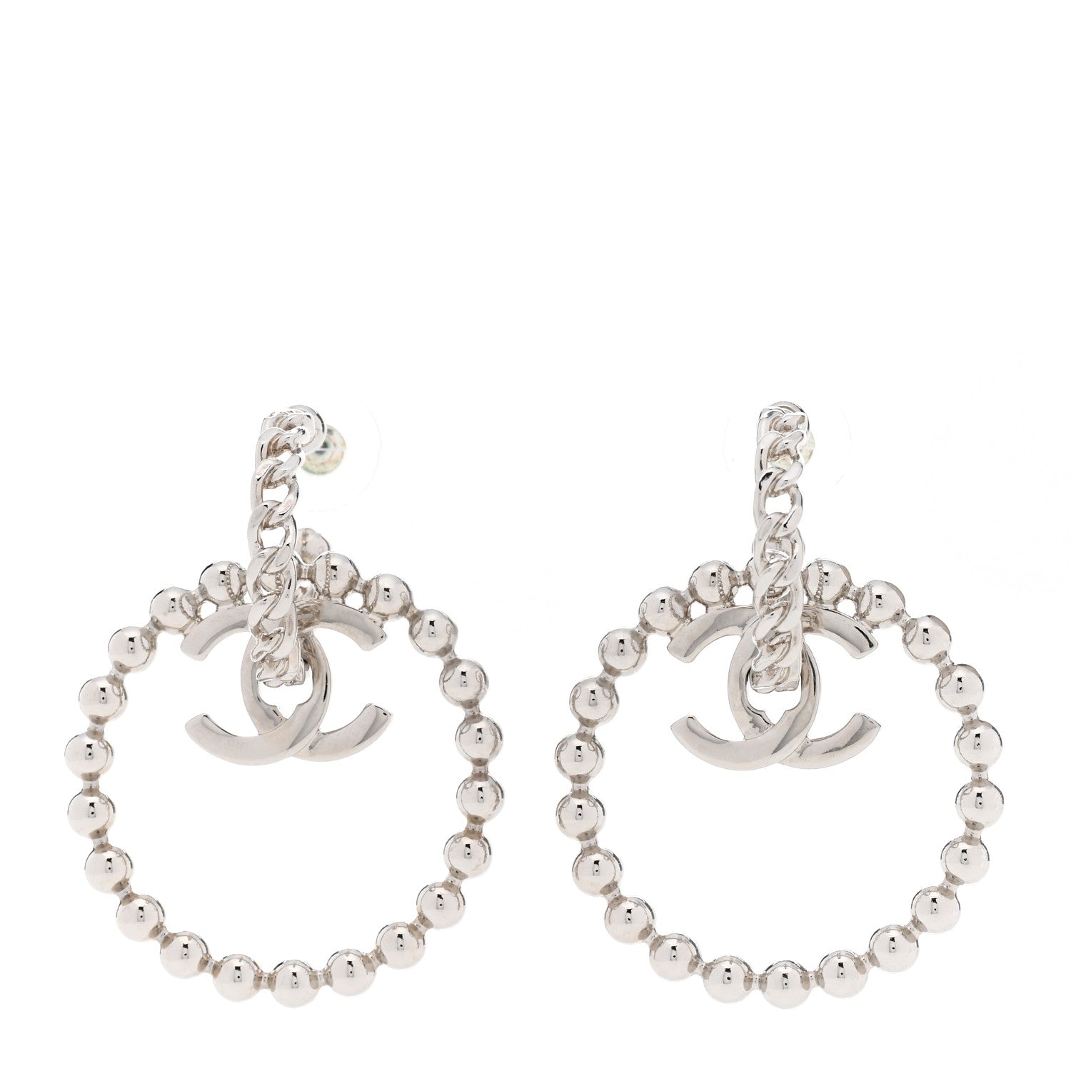 Chanel Metal Beaded CC Hoop Earrings Silver 1 of 5