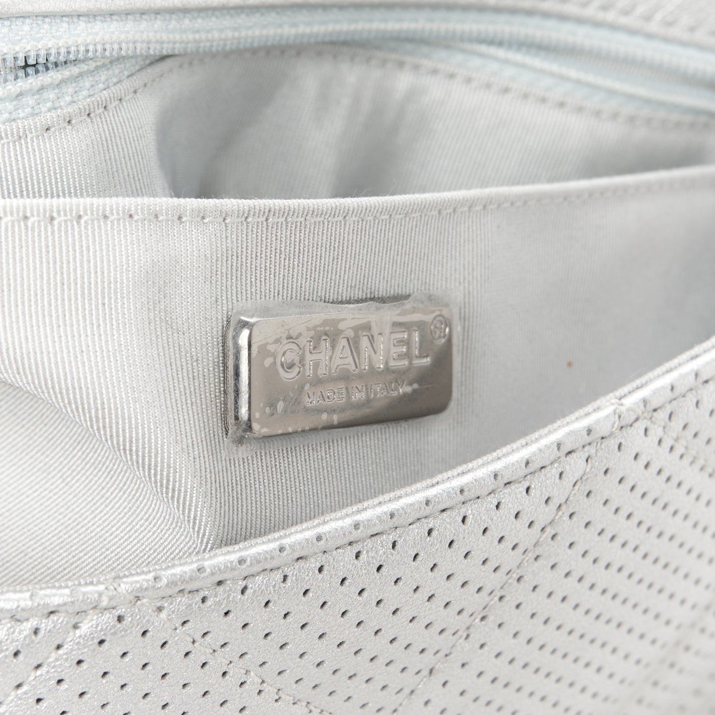Perforated Metallic Lambskin Small CC Medals Flap Silver