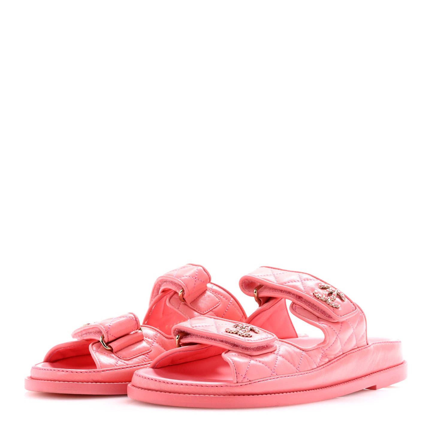 Lambskin Quilted Velcro Dad Chain CC Slide Sandals 39 Pink