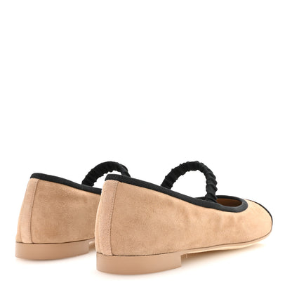 Chanel Suede Kidskin Grosgrain Mary Jane Flats 38 Beige Black 5 of 9