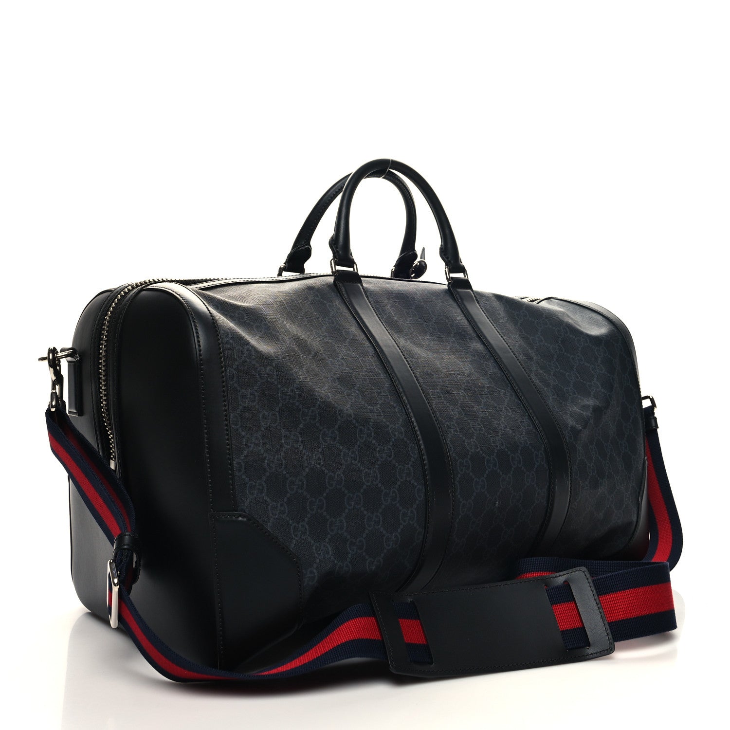 Gucci Soft GG Supreme Monogram Appia Calfskin Web Large Carry On Duffle Bag Black Grey 2 of 13