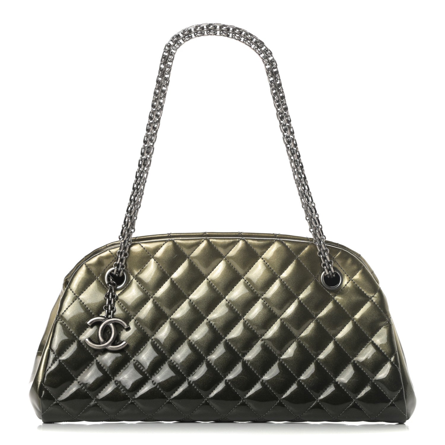 Chanel Metallic Patent Quilted Medium Just Mademoiselle Bowling Bag Green Degrade 2 of 10