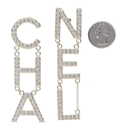 Chanel Crystal Cha-Nel Logo Drop Earrings Gold 2 of 5