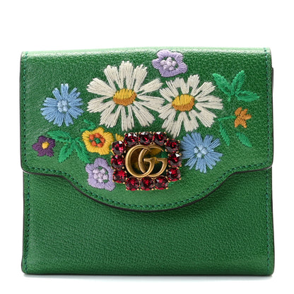 Gucci Textured Calfskin Crystal Fiori Floral Embroidered GG Wallet Grass Green 1 of 9