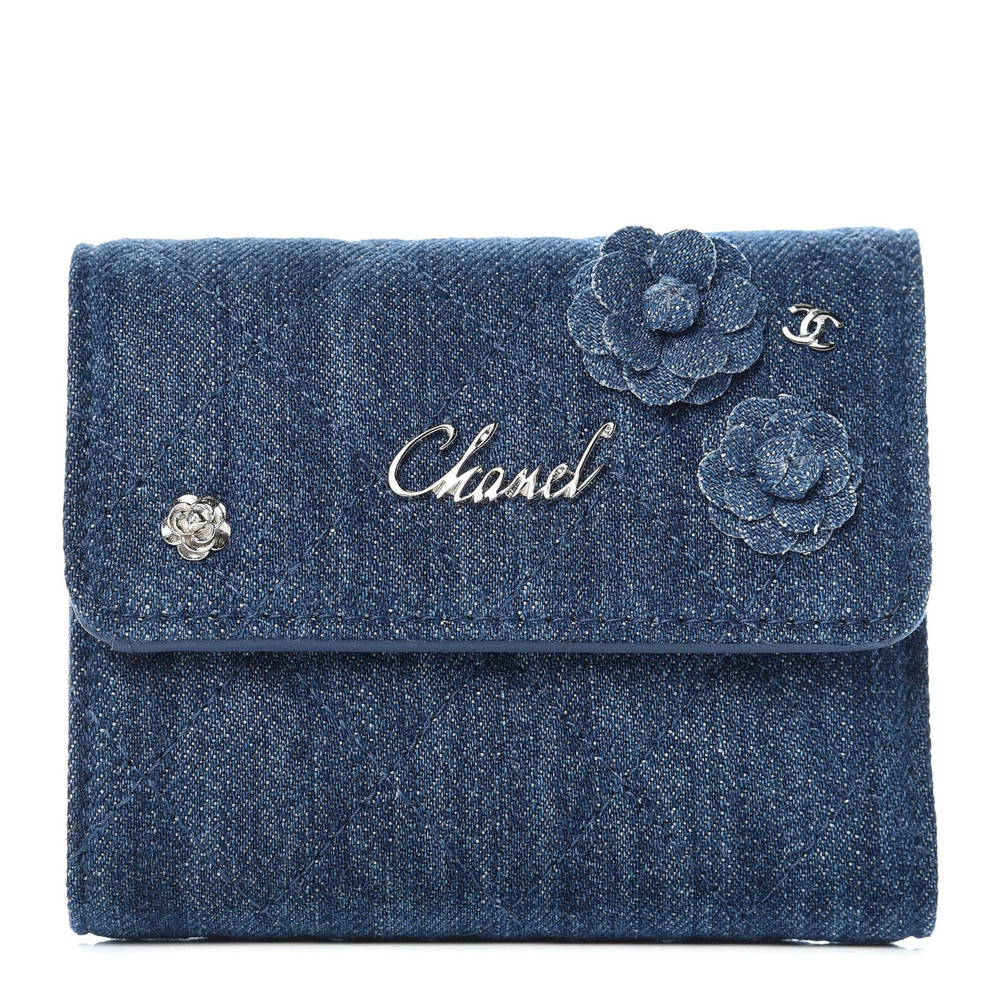 Denim Quilted Small Camellia Flap Wallet Blue