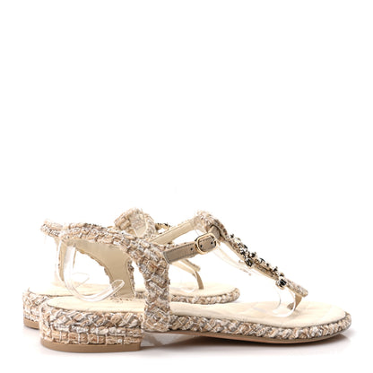 Chanel Tweed Pearl CC Thong Sandals 39 Ivory 5 of 9