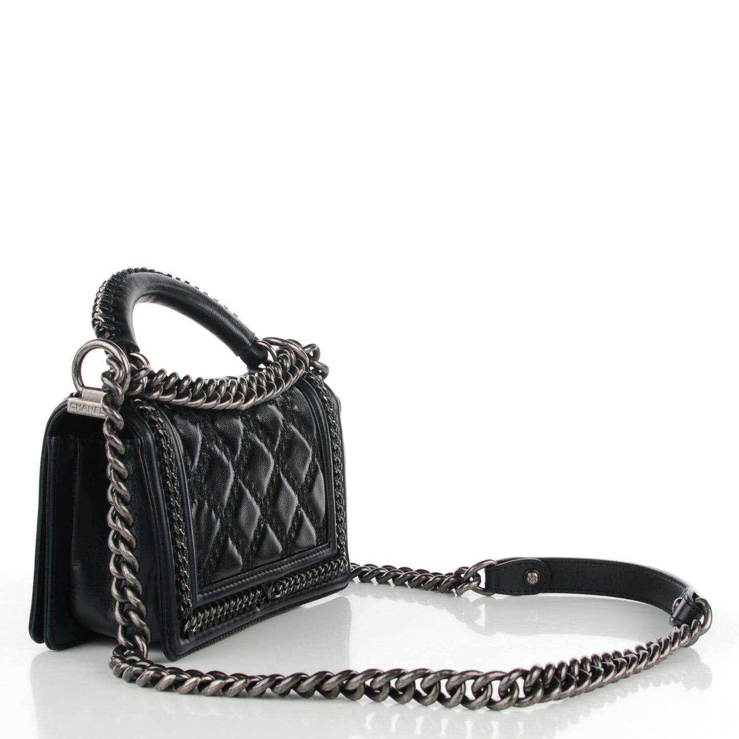 Goatskin Quilted Small Boy Handle Flap Black
