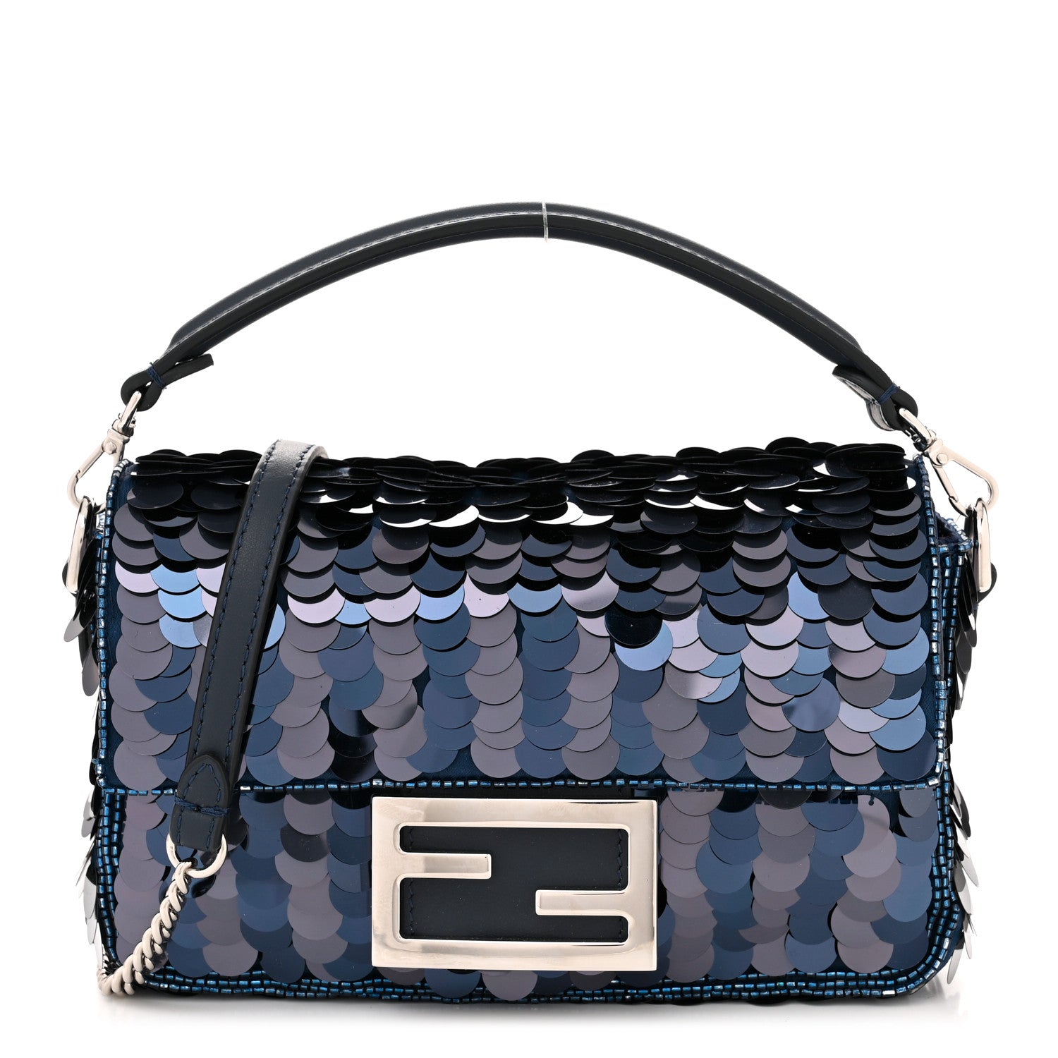 Fendi Sequin Paillettes Vitello Grace Striped Mini Baguette Dark Blue Lunai 1 of 11