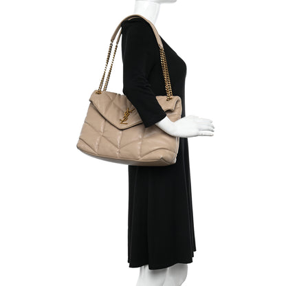 Saint Laurent Lambskin Quilted Medium Loulou Puffer Monogram Chain Satchel Dark Beige 2 of 12