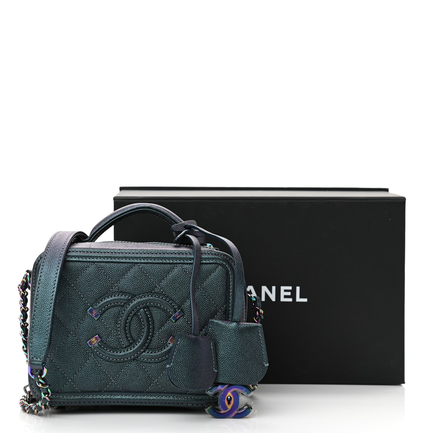 Chanel Iridescent Caviar Quilted Small CC Filigree Vanity Case Dark Turquoise 11 of 11