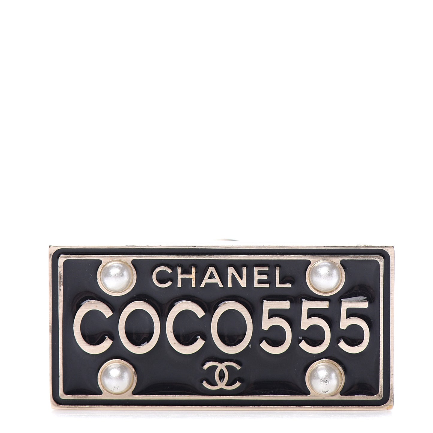Metal Resin Pearl Coco License Plate Brooch Black Gold