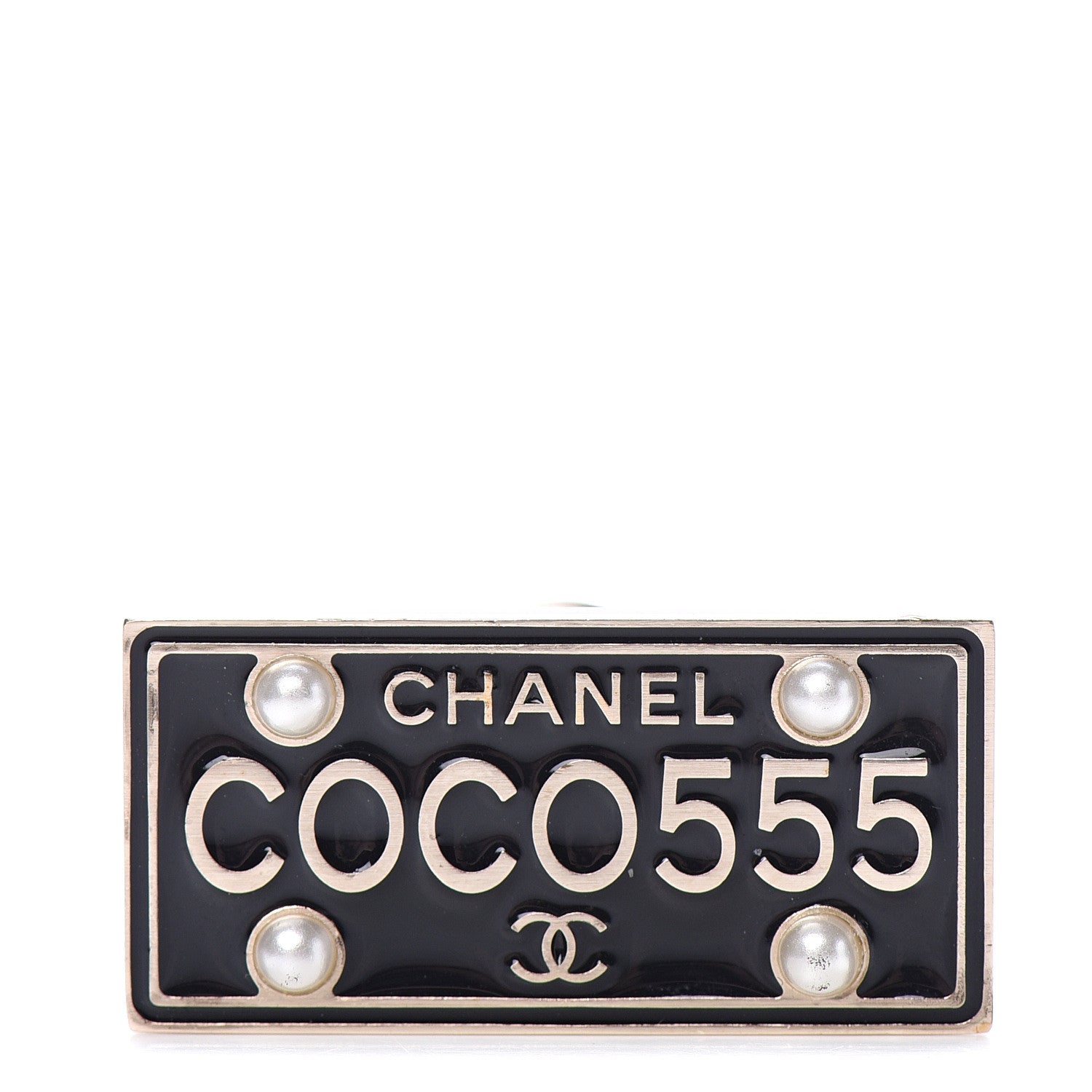 Chanel Metal Resin Pearl Coco License Plate Brooch Black Gold 1 of 4